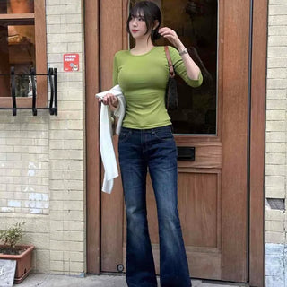 Washed Button Zipper Bootcut Flare Long Pants