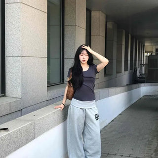 Numbering Wide Loose Fit Daily Long Pants