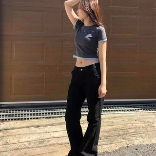 Loose-fit Button Flap Pocket Wide Straight Daily Long Pants