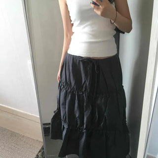 Shirred Frill Ribbon Tiered Loose Fit Long Skirt