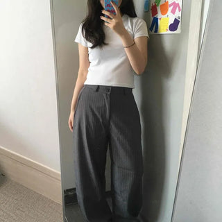 Button Flap Pocket Striped Wide Loose Fit Slacks