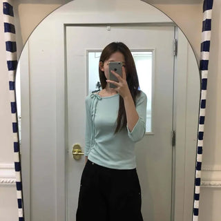 Slim Fit Plain Ribbon Strap Short Sleeve T-shirt