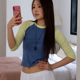 Three-Quarter Sleeve 3/4 Color Contrast Raglan Cotton Modal Round Neck T-Shirt 2 Colors