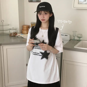 Hip Mood, Kitsch Star Lettering Print Round Neck Oversized Short Sleeve T-shirt