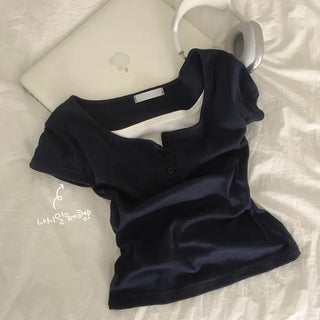 Effortless Chic, One-piece Layered U-Neck Button Delicate Slim Fit Short Sleeve T-shirt