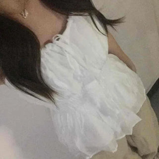 Shirred Ribbon Frill Plain Sleeveless A-Line Blouse