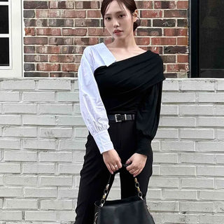 Shirred Drape Layered Regular Fit Contrast Long Sleeve Shirt