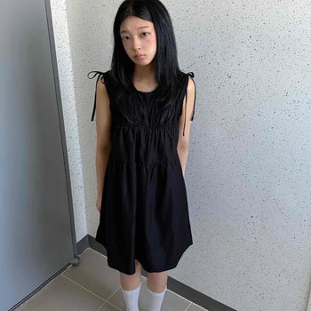 Loose Fit Shirred Ribbon Strap Sleeveless A-Line Mini Dress