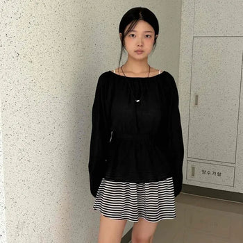 Loose Fit Shirred Ribbon A-Line Long Sleeve Blouse