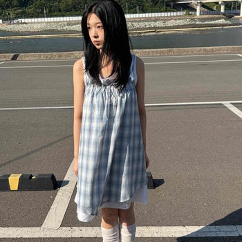Loose-fit Check Shirred Strap Sleeveless A-line Long Dress