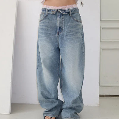 Folded Obi Sagging Low Wide Denim Pants
