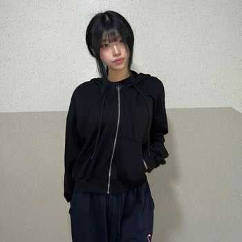 Loose-fit Plain Zipper Raglan Long Sleeve Full-zip Cardigan