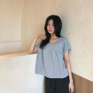 Shirred Gathered Plain A-Line Relaxed Fit Short Sleeve T-shirt