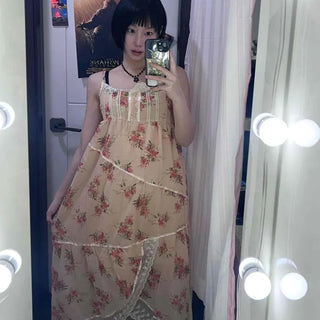 Shirred Frill Flower Strap Tiered Sleeveless Long Dress