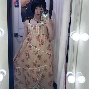 Shirred Frill Flower Strap Tiered Sleeveless Long Dress