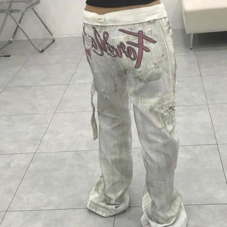 Rohi Washed Lettering Cargo Pocket Wide Loose Fit Long Pants