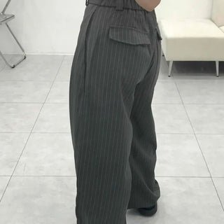 Button Flap Pocket Striped Wide Slacks