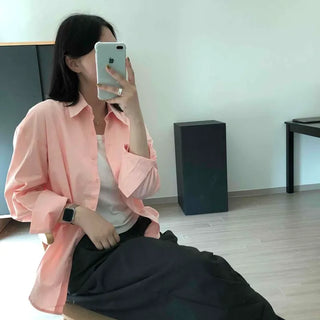 Oversized Plain Button-Down Long Sleeve Shirt