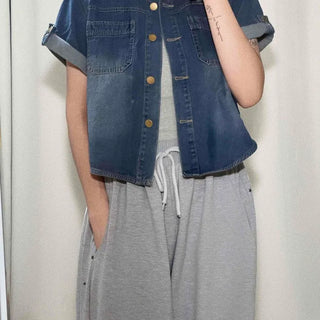 Washed Flap Pocket Button-Down Loose Fit Short Sleeve Shirt
