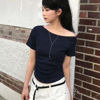 Side Shirred Asymmetrical Short Sleeve T-shirt
