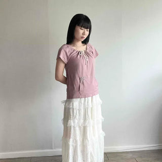 Shirred Plain Regular Fit Daily Short Sleeve T-shirt