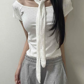 Ribbon Strap Slim Fit Plain Short Sleeve Daily T-shirt