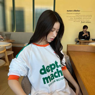 Oversized Lettering Color Block Raglan Sleeve Long Sleeve T-shirt