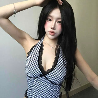 Ribbon Shirred Gingham Check Sleeveless