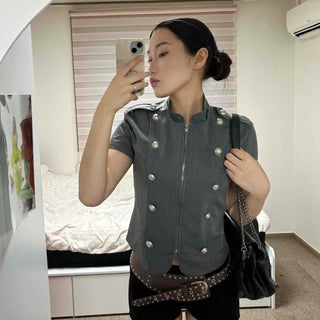 Button Zipper Epaulet Zip-Up Short Sleeve Jacket