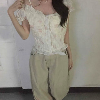 Frill Shirred Flower Off-Shoulder Cap Sleeve Blouse