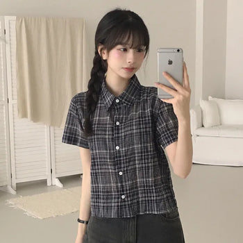 Full of cuteness, Vintage Check Loose Fit Summer Short Sleeve Shirt