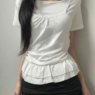 Shirred Frill Regular Fit Plain Daily Short Sleeve T-shirt