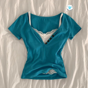 Ribbed Button Deep V-Neck Slim Delicate Fit Short Sleeve T-Shirt