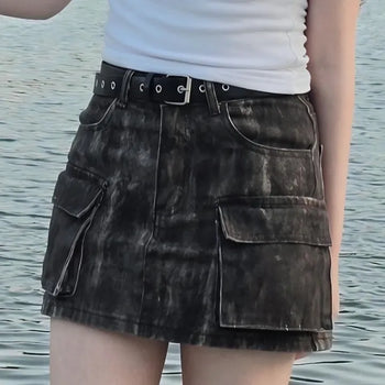 Washed Button Eyelet Daily Mini Skirt