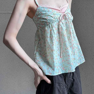 Shirred Ribbon Flower Strap A-Line Sleeveless