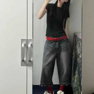 Loose-fit Washed Button-up Wide Daily Long Pants