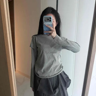 Loose Fit Plain Round Neck Long Sleeve Daily T-shirt