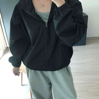 Oversized Plain Zipper Hooded Full-Zip Windbreaker