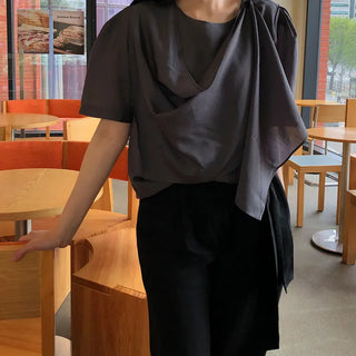 Say Women's Short Sleeve Puff Loose Fit Cape Layered Summer Blouse