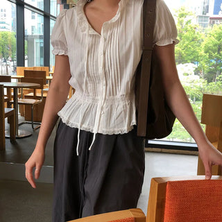 Baby Women's Frill Ruffle Elastic V-Neck String Summer Short Sleeve Blouse