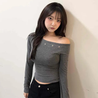 Slim Fit Eyelet Plain Fitted Daily Long Sleeve T-shirt
