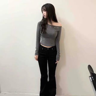Button Zipper Regular Fit Flare Bootcut Long Pants