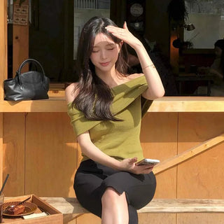 Olive Slim Fit Off-Shoulder Knit Top