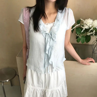 [Sleeveless Set] Fairy Ribbon Frill Blouse 2 colors