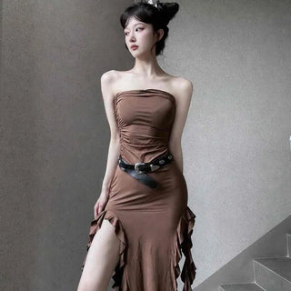 Shirred Frill Slit Mermaid Sleeveless Long Dress