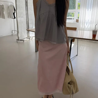 Flower Satin Layered Midi Skirt