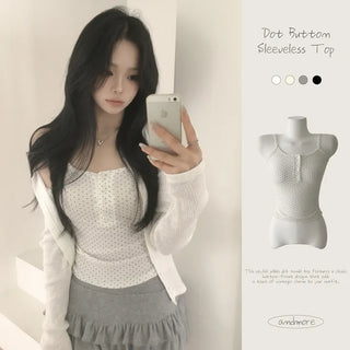 Lovely Mood, Polka Dot Button Slim Fit Sleeveless Tank Top