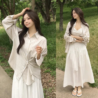 Protective Instinct Oversized Fit, Summer Stripe Pendant Two-way Side Button Loose Fit Long-sleeve Shirt