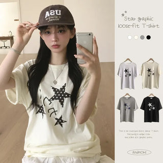 Full of Cuteness, Dot Star Kitsch Print Round Neck Boxy Oversized Short Sleeve T-shirt
