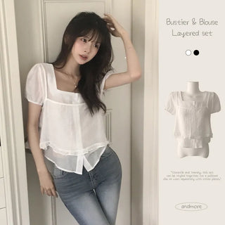 Flowy~ Pure Bustier Backstrap Sleeveless Layered Set Square Neck Short Sleeve Blouse